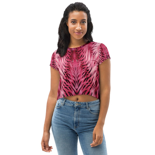 Pink and Black Striped Fur Print Crop Tee For Women