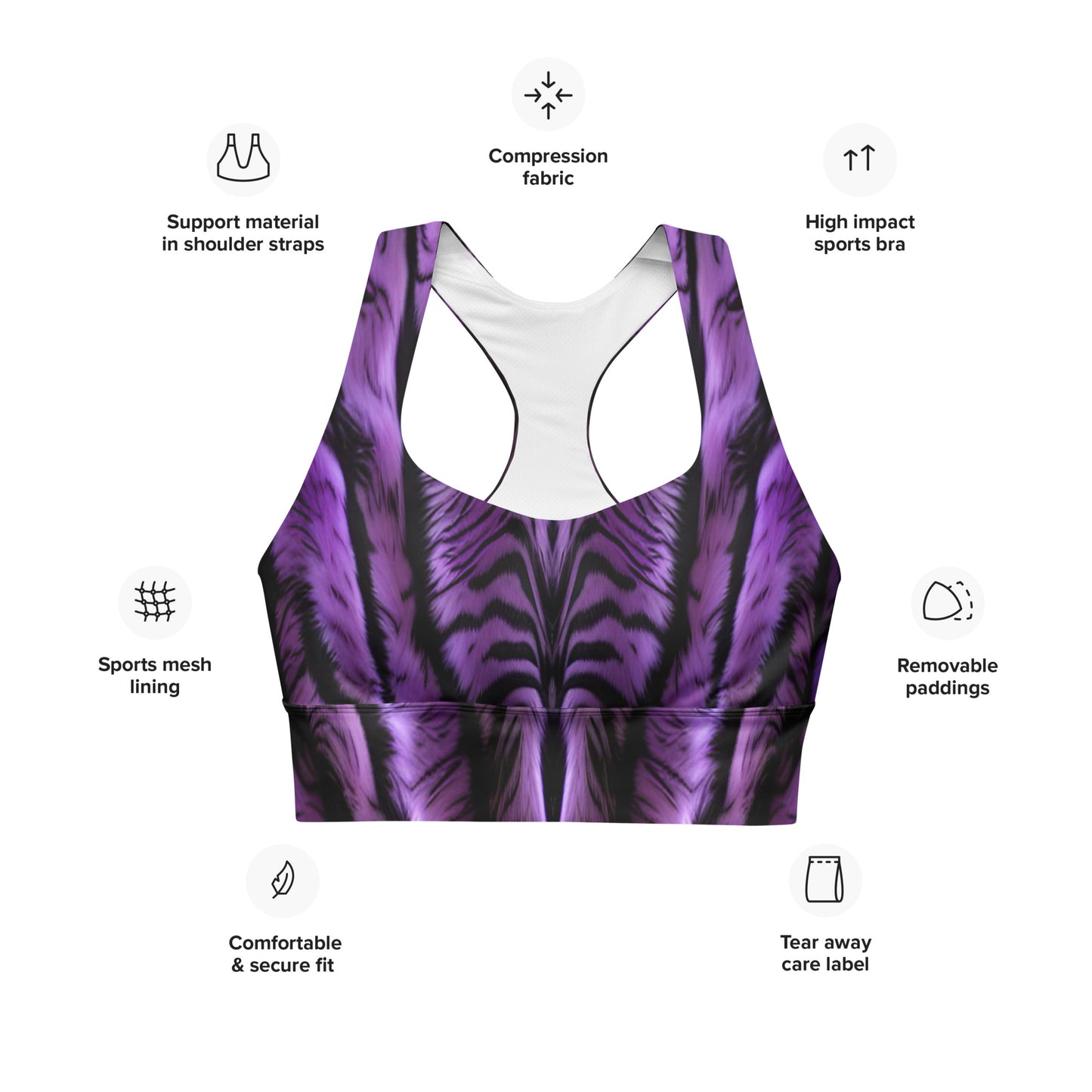 Purple Tiger Custom Print Longline Sports Bra