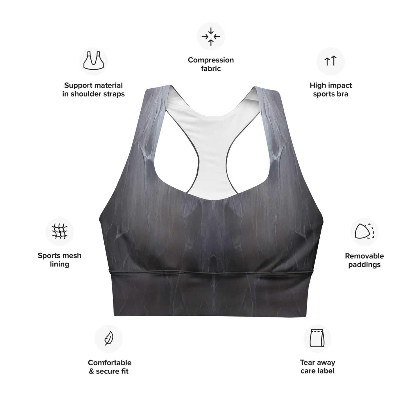 Black Slate Custom Print Longline Sports Bra