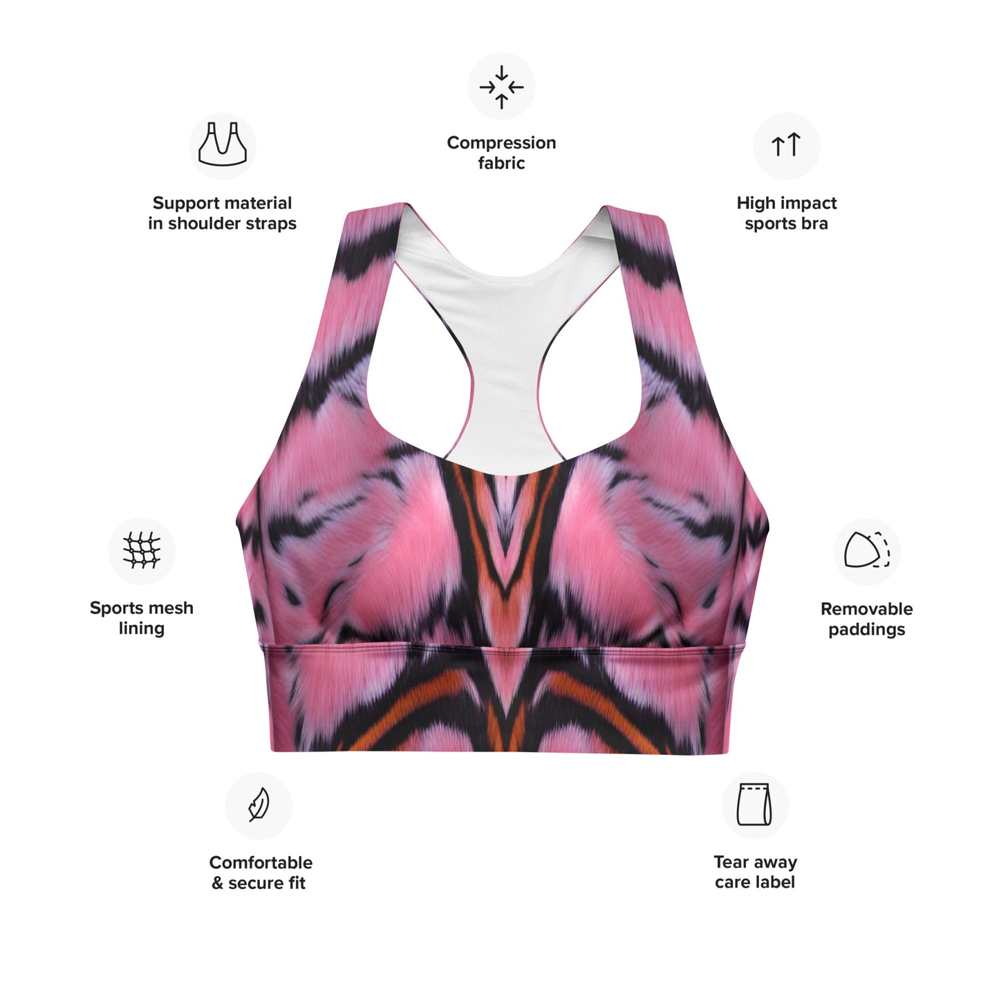 Pink Tiger Fur Custom Print Longline Sports Bra