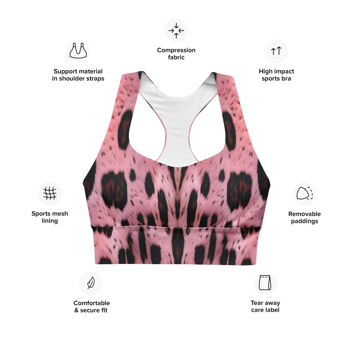Pink Leopard Fur Custom Print Longline Sports Bra