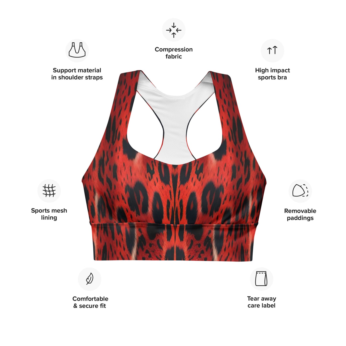 Red Leopard Fur Custom Print Longline Sports Bra