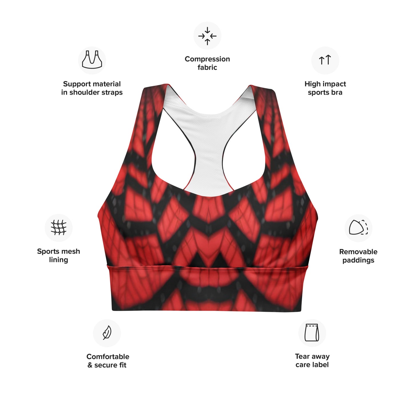 Black & Red Spider Webs Custom Print Longline Sports Bra