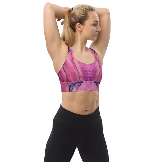 Pink Marble Custom Print Longline Sports Bra