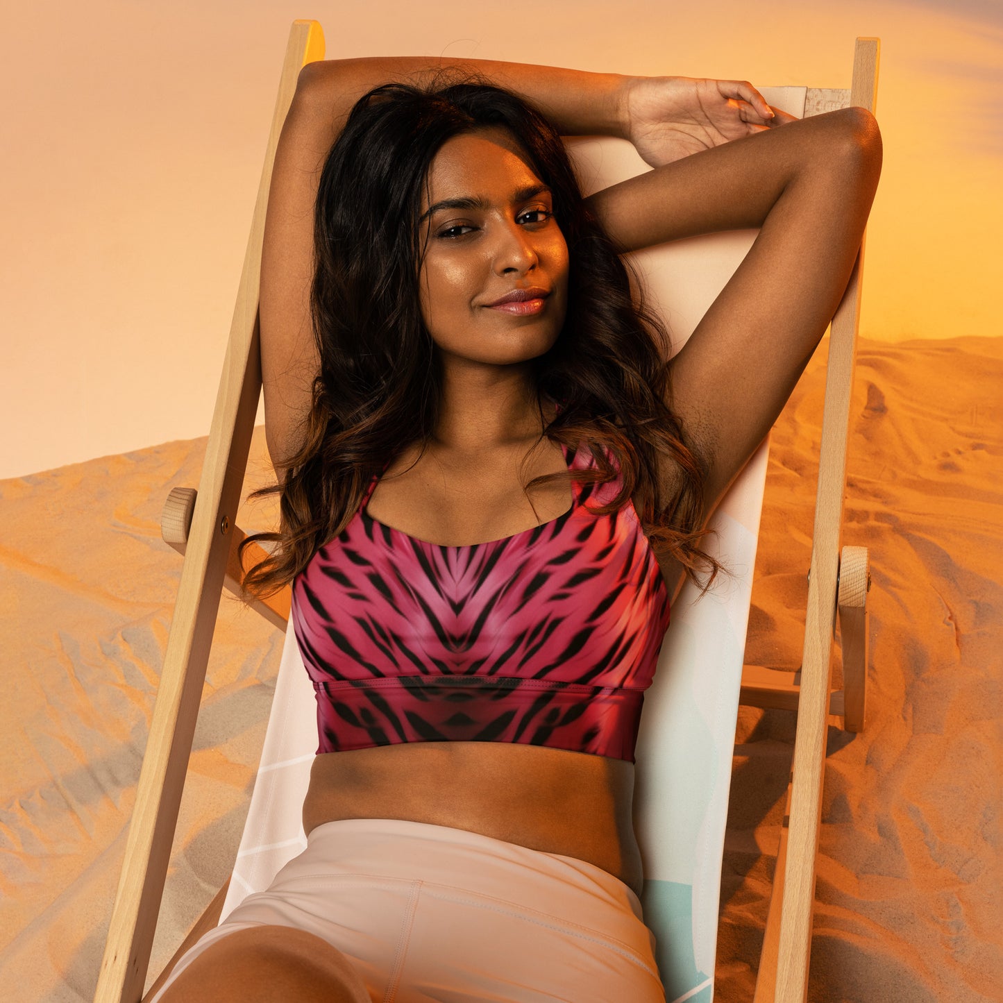 Pink and Black Striped Fur Custom Print Sports Bra