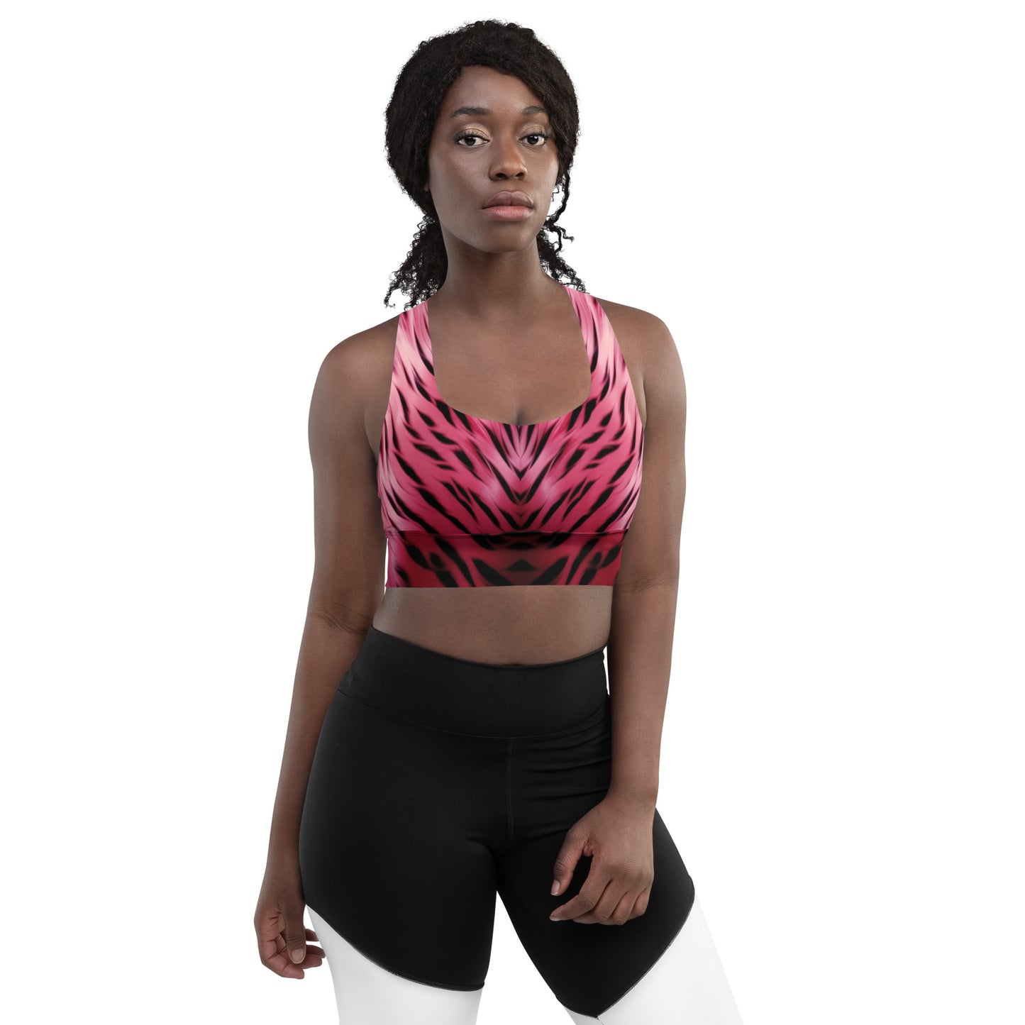 Pink and Black Striped Fur Custom Print Sports Bra