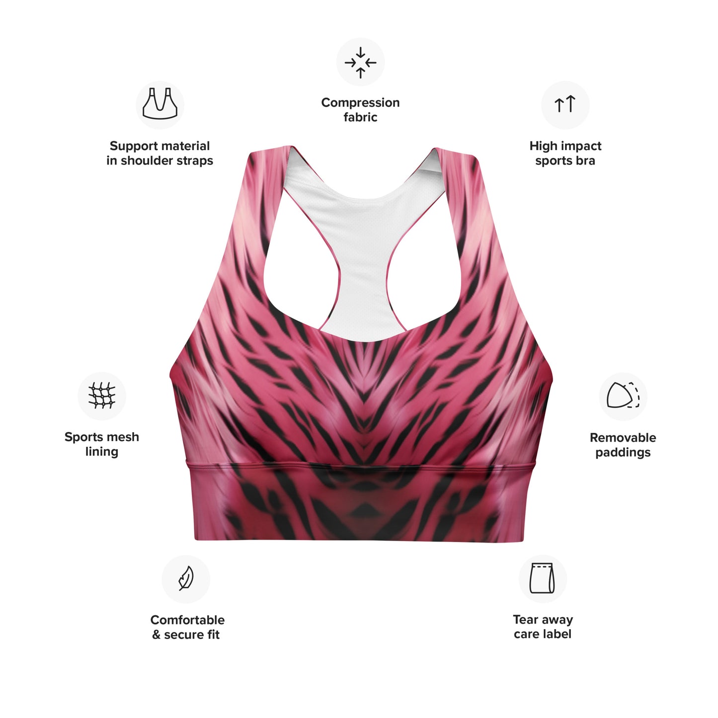 Pink and Black Striped Fur Custom Print Sports Bra