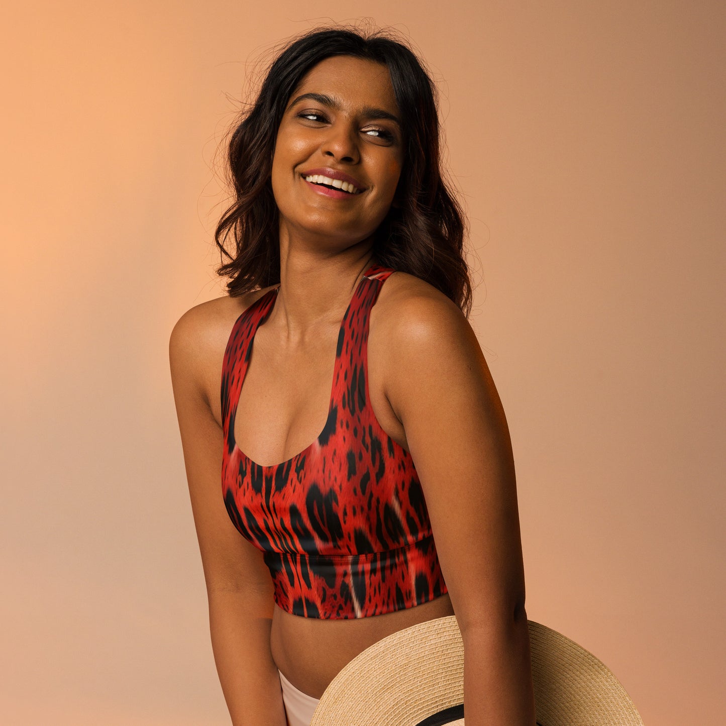 Red Leopard Fur Custom Print Longline Sports Bra