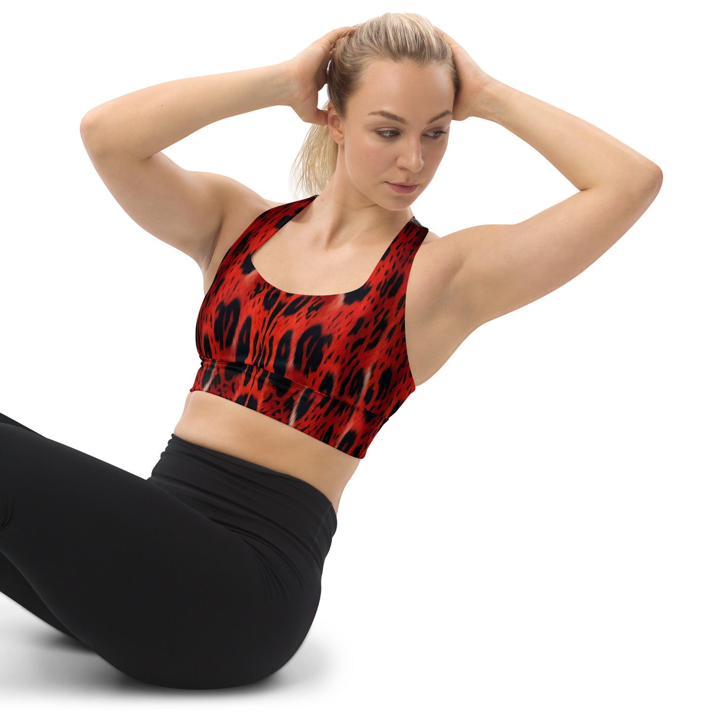 Red Leopard Fur Custom Print Longline Sports Bra