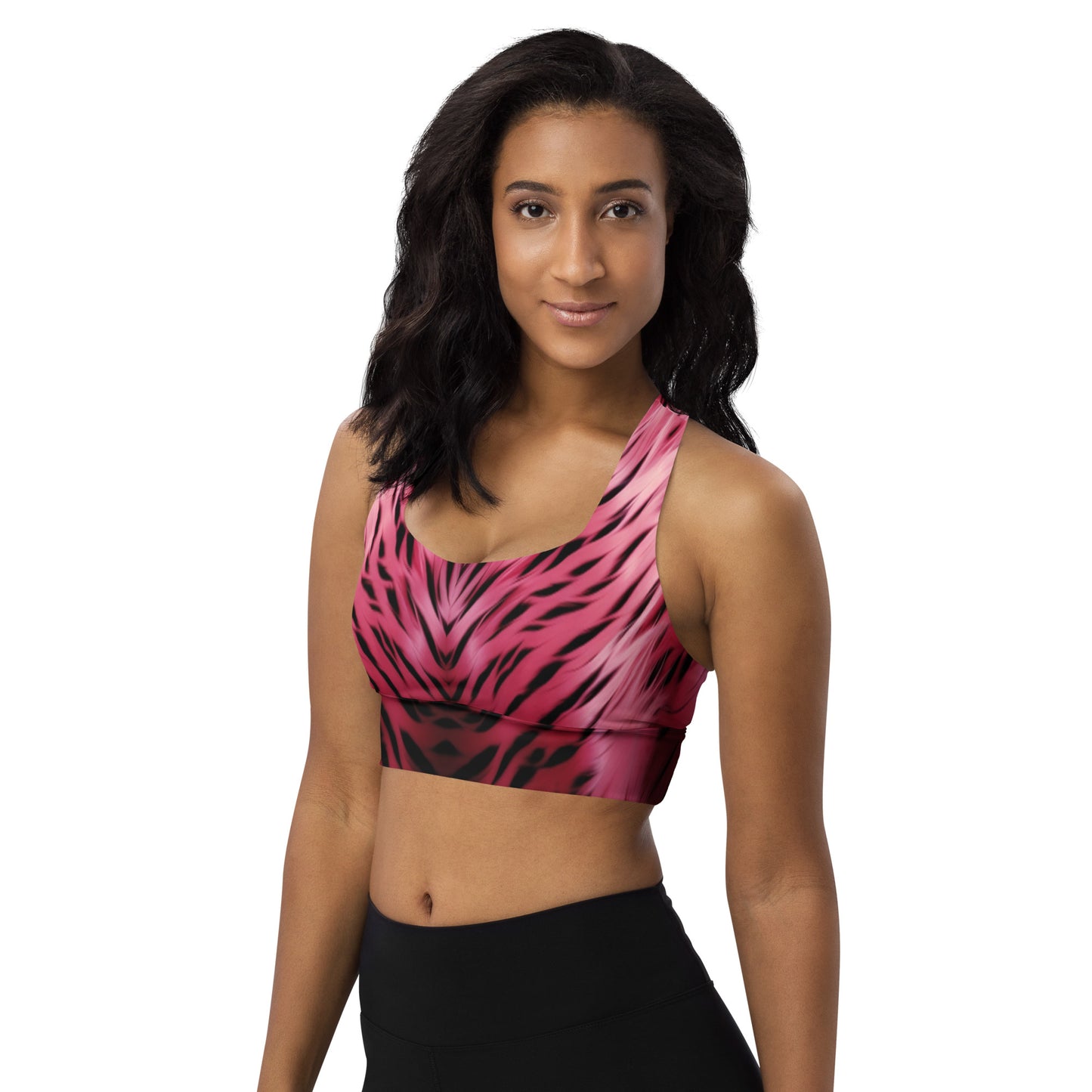 Pink and Black Striped Fur Custom Print Sports Bra