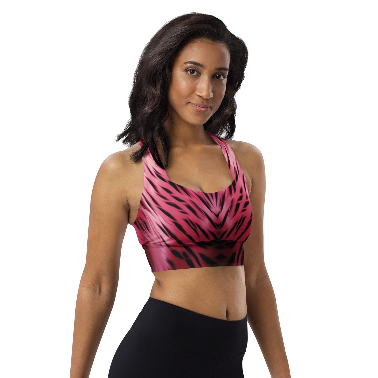 Pink and Black Striped Fur Custom Print Sports Bra