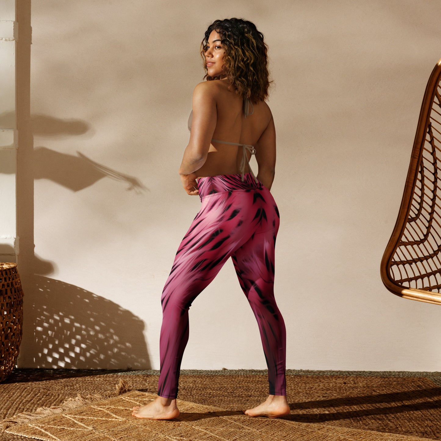 Pink and Black Striped Fur Print Yoga Leggings For Women