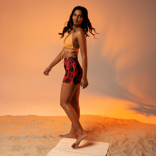 Red Leopard Fur Custom Print Yoga Shorts