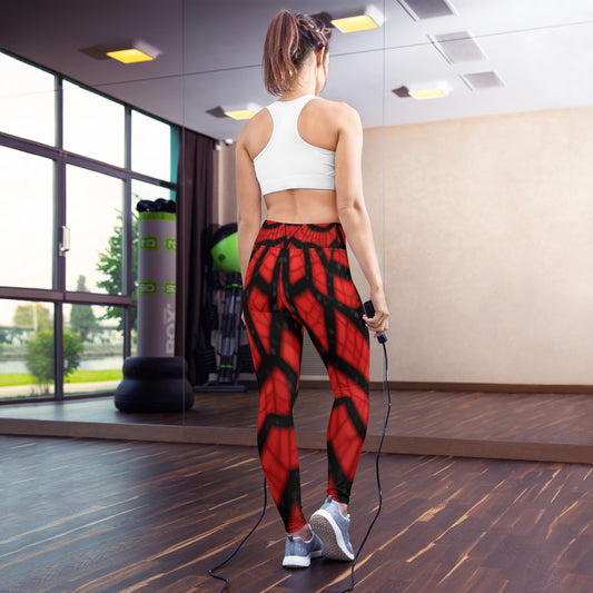 Black & Red Spiderwebs Print Yoga Leggings For Women