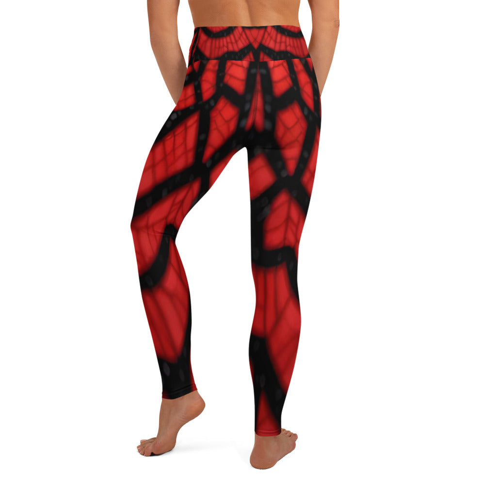 Black & Red Spiderwebs Print Yoga Leggings For Women