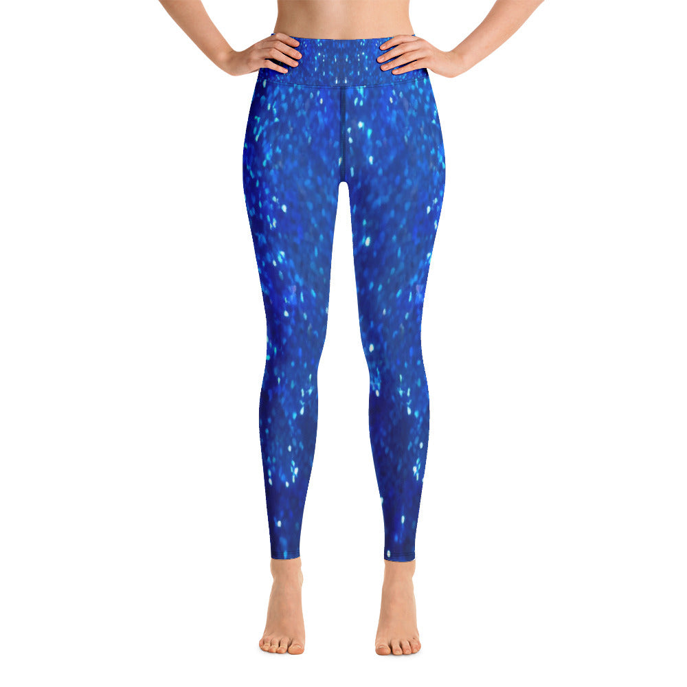 Blue Glitter Print Yoga Leggings For Women