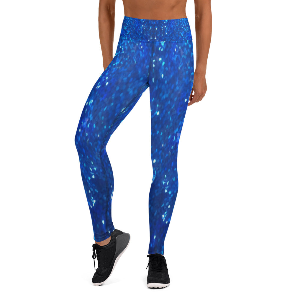 Blue Glitter Print Yoga Leggings For Women