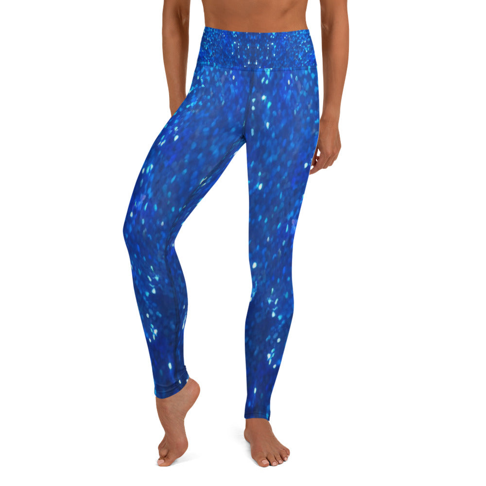 Blue Glitter Print Yoga Leggings For Women