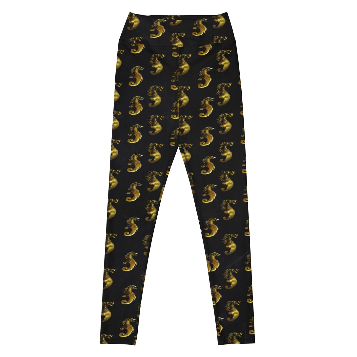 Gold & Black Seahorse Printed Yoga Leggings For Women