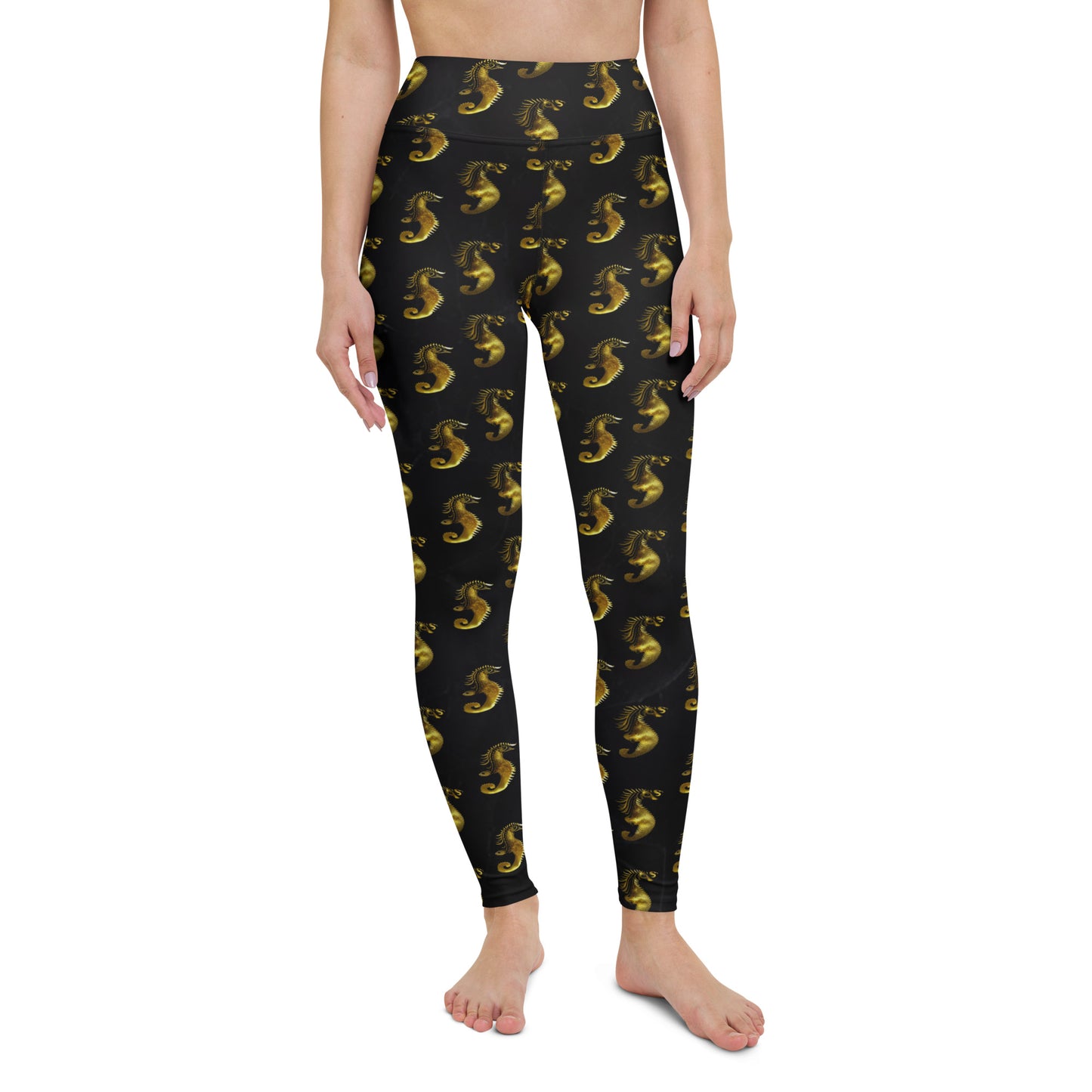 Gold & Black Seahorse Printed Yoga Leggings For Women