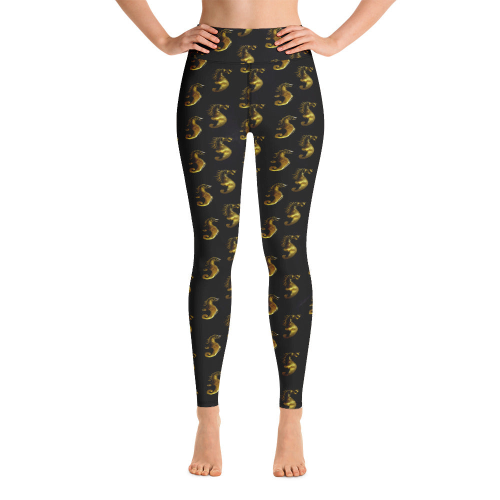 Gold & Black Seahorse Printed Yoga Leggings For Women