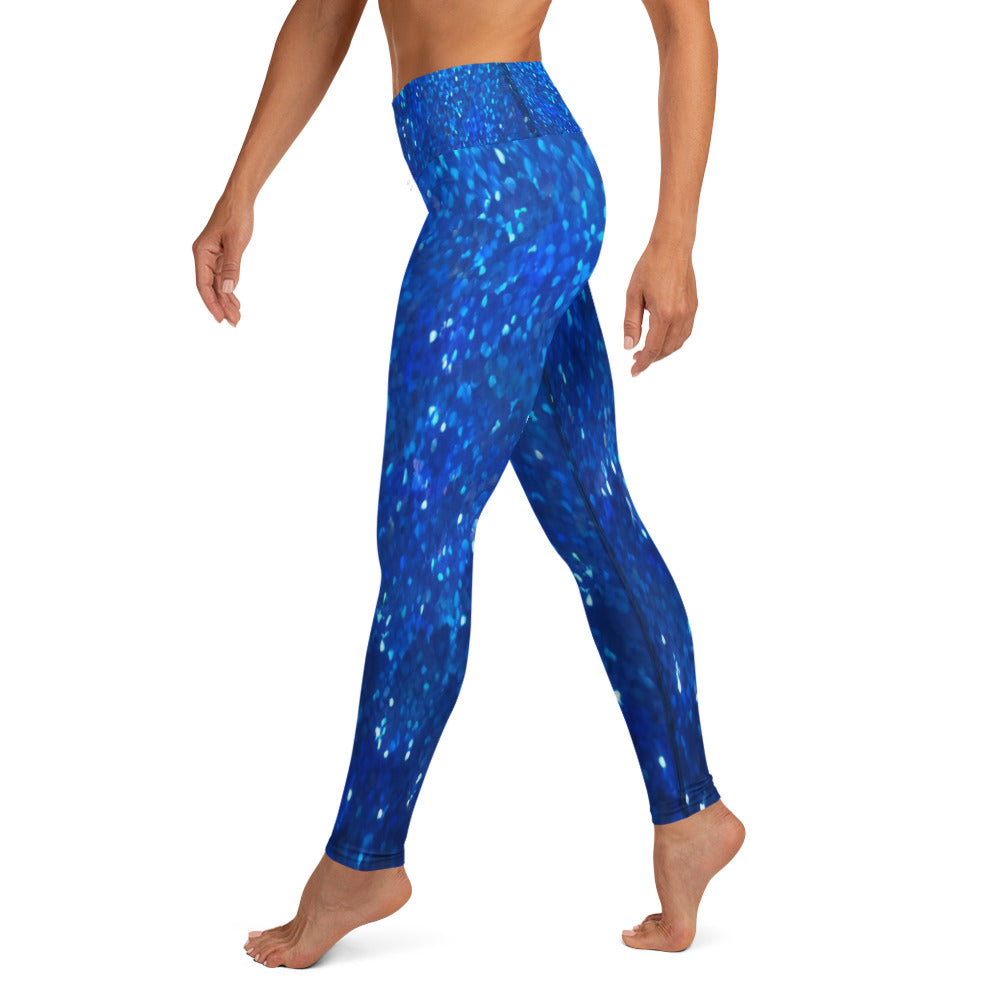 Blue Glitter Print Yoga Leggings For Women
