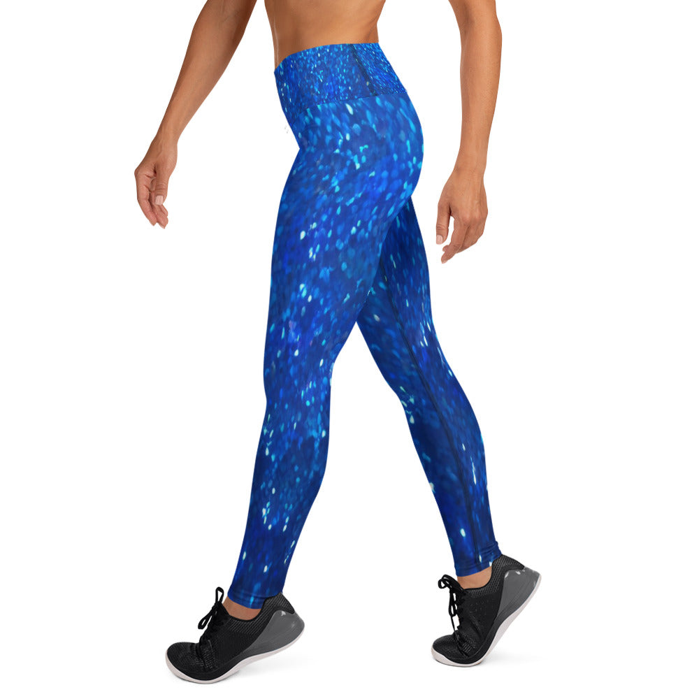 Blue Glitter Print Yoga Leggings For Women