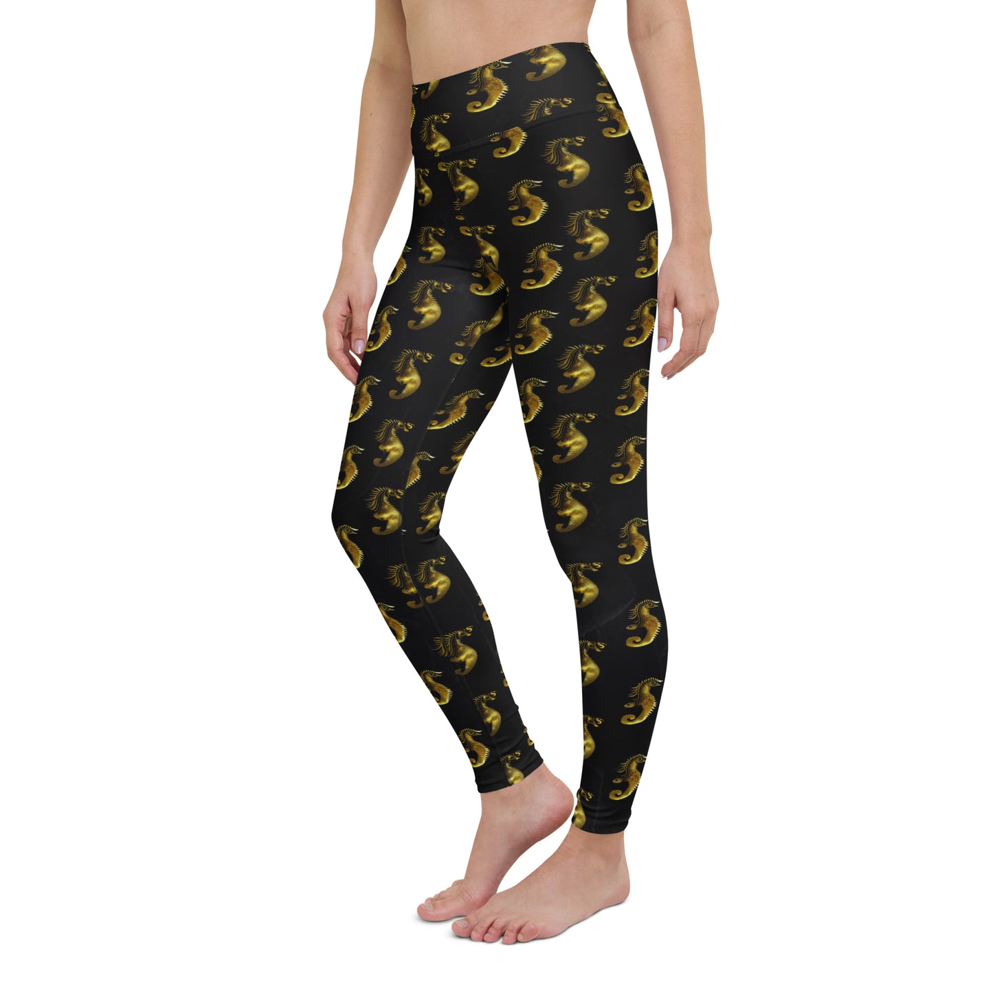Gold & Black Seahorse Printed Yoga Leggings For Women