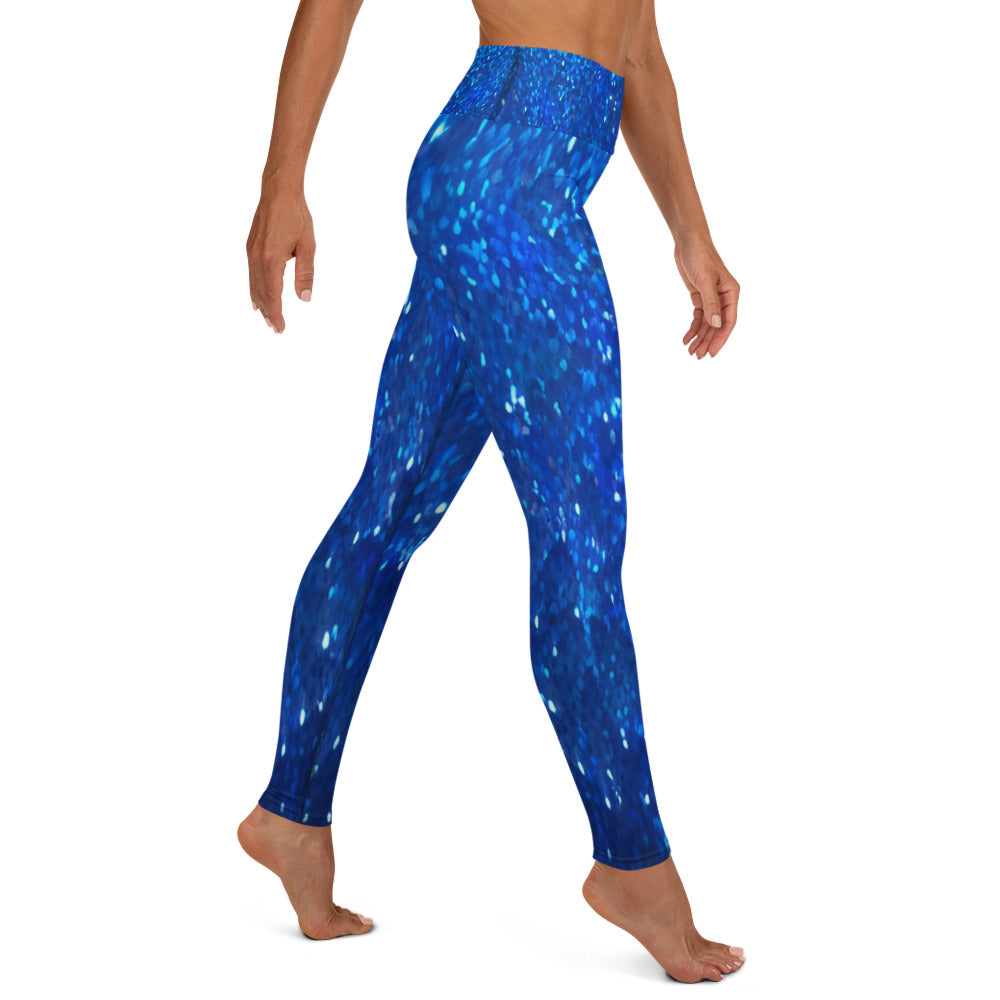 Blue Glitter Print Yoga Leggings For Women