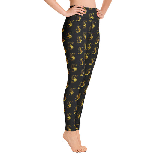 Gold & Black Seahorse Printed Yoga Leggings For Women