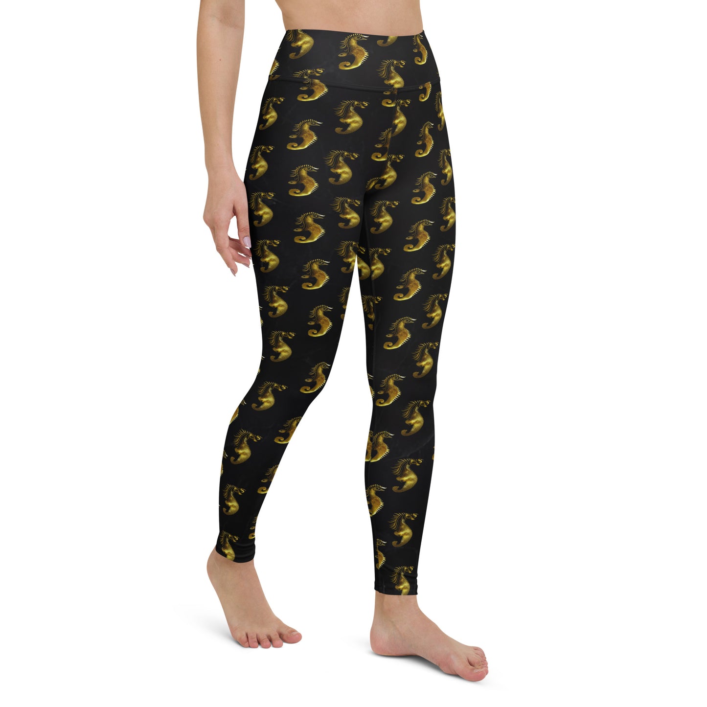 Gold & Black Seahorse Printed Yoga Leggings For Women