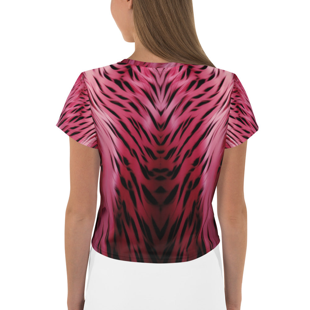 Pink and Black Striped Fur Print Crop Tee For Women