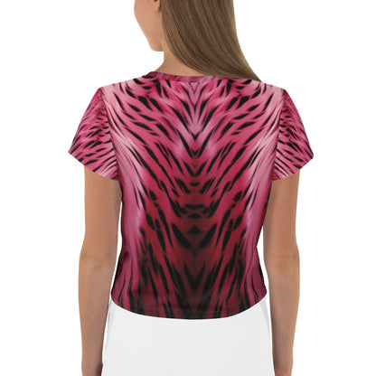 Pink and Black Striped Fur Print Crop Tee For Women