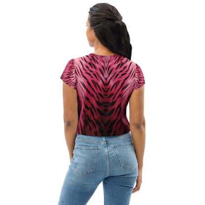 Pink and Black Striped Fur Print Crop Tee For Women