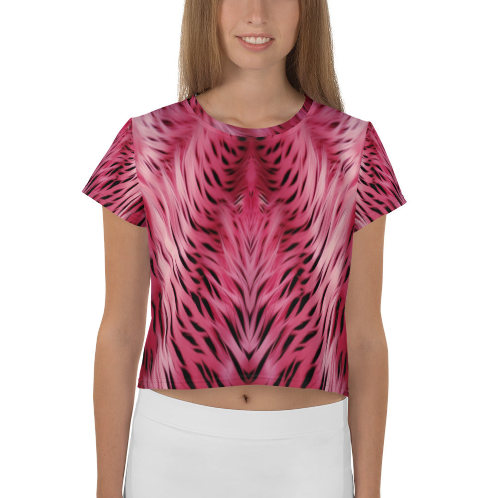 Pink and Black Striped Fur Print Crop Tee For Women