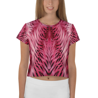 Pink and Black Striped Fur Print Crop Tee For Women