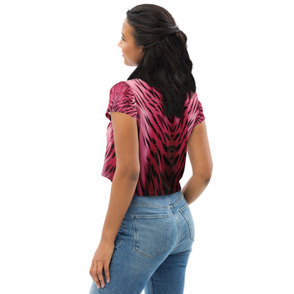 Pink and Black Striped Fur Print Crop Tee For Women