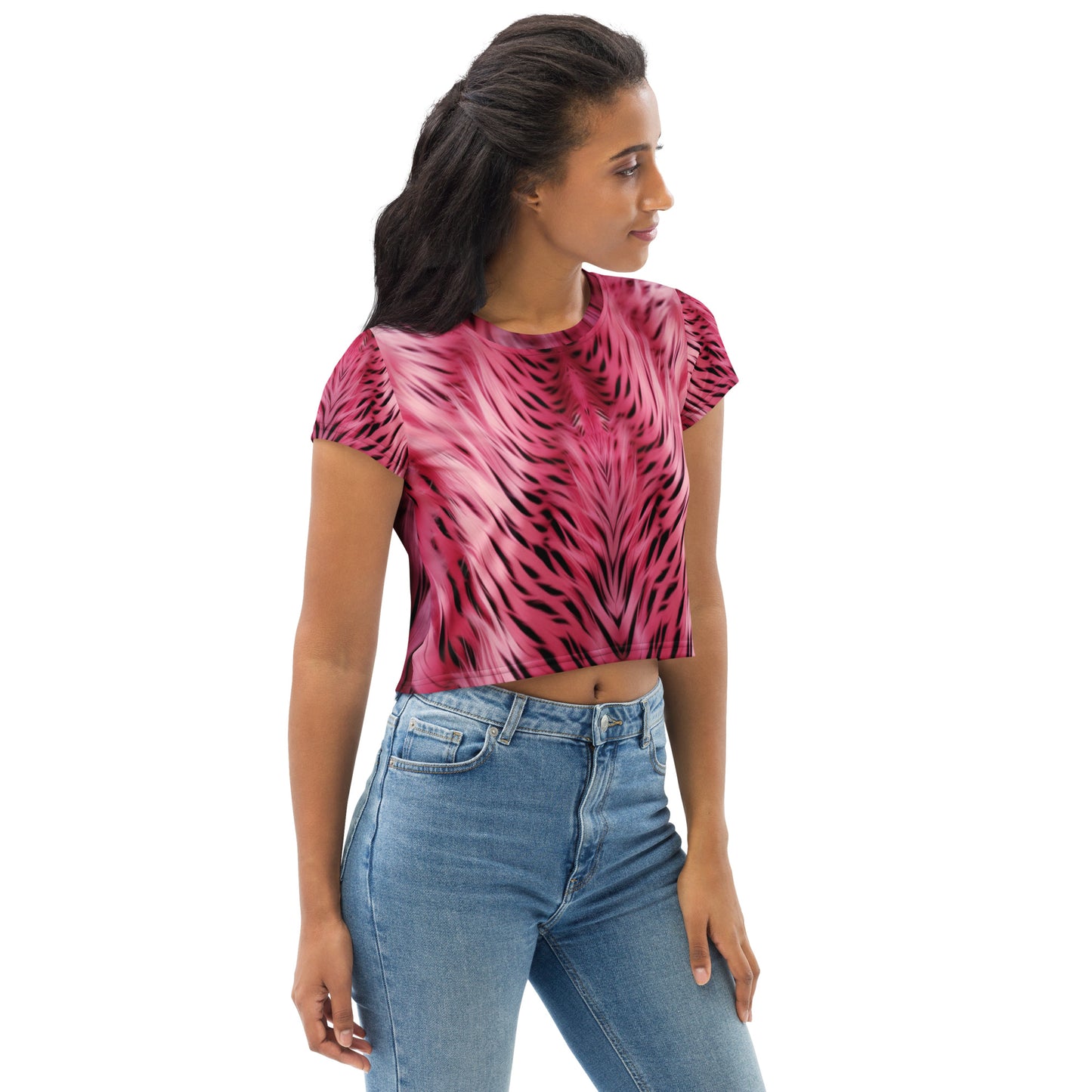 Pink and Black Striped Fur Print Crop Tee For Women