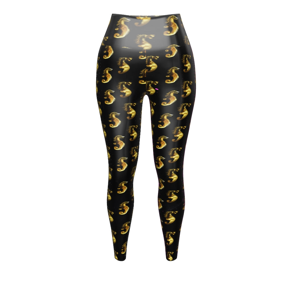Gold Seahorse Custom Print Yoga Leggings