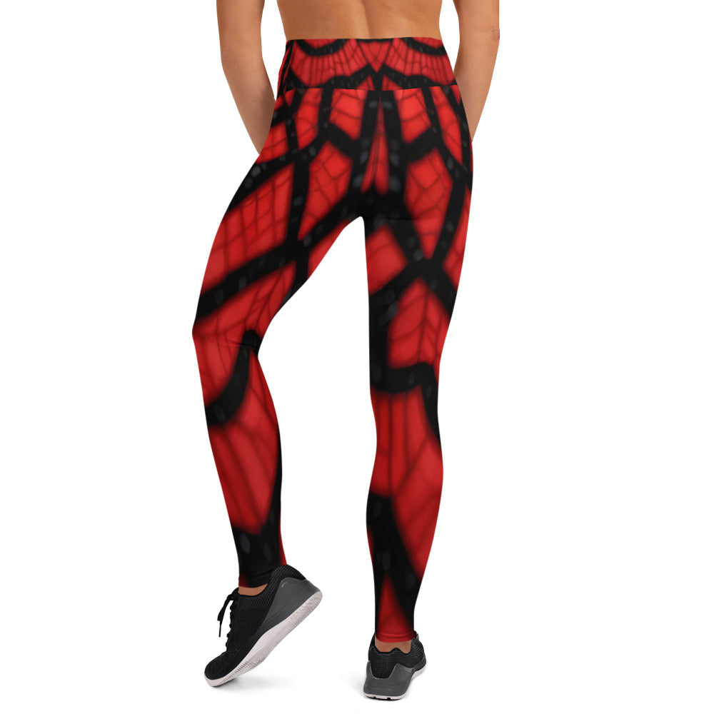 Black & Red Spiderwebs Print Yoga Leggings For Women