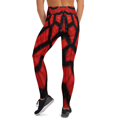 Black & Red Spiderwebs Print Yoga Leggings For Women