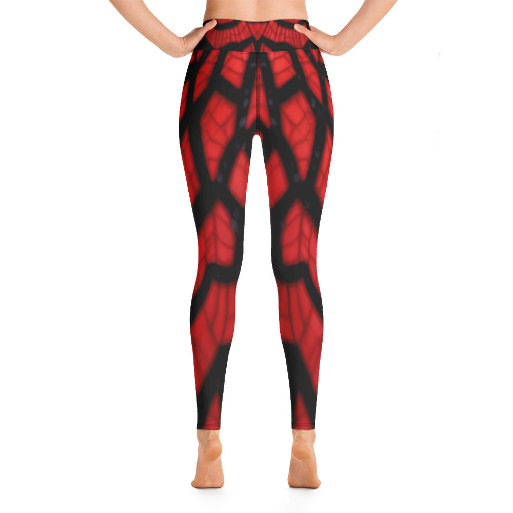Black & Red Spiderwebs Print Yoga Leggings For Women