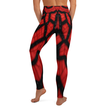 Black & Red Spiderwebs Print Yoga Leggings For Women