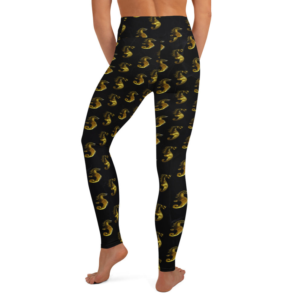 Gold & Black Seahorse Printed Yoga Leggings For Women