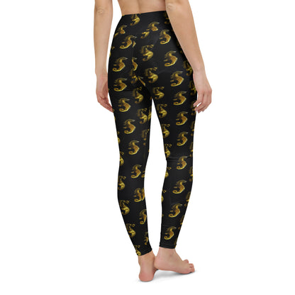 Gold & Black Seahorse Printed Yoga Leggings For Women