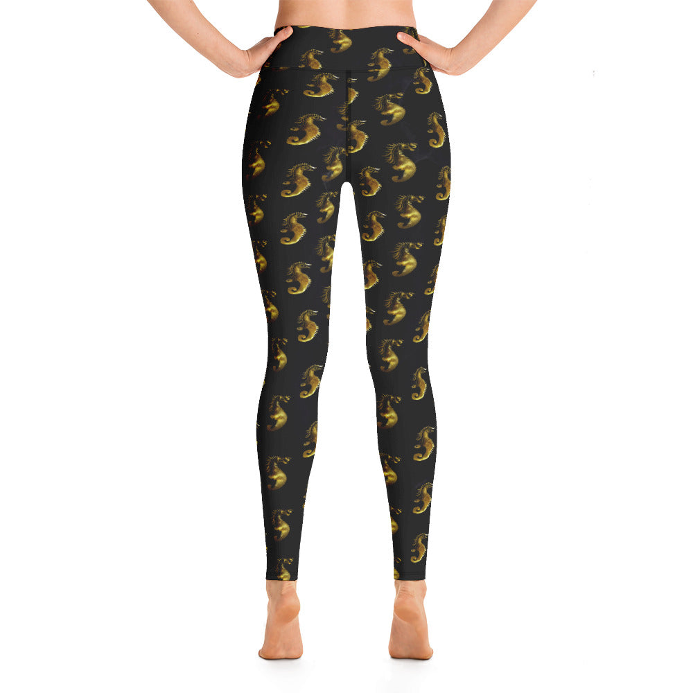 Gold & Black Seahorse Printed Yoga Leggings For Women