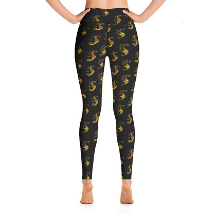 Gold & Black Seahorse Printed Yoga Leggings For Women