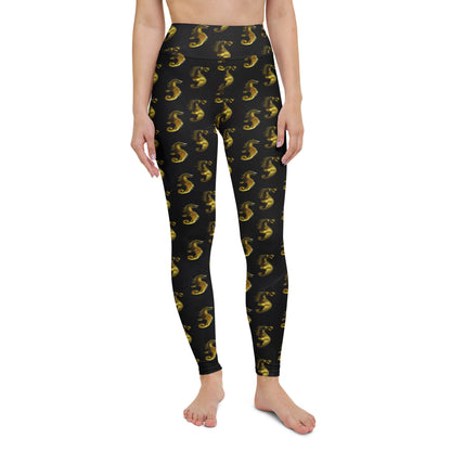 Gold & Black Seahorse Printed Yoga Leggings For Women