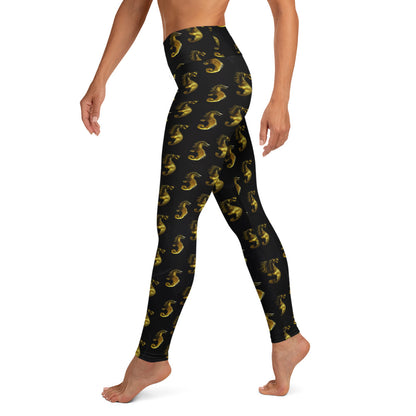 Gold & Black Seahorse Printed Yoga Leggings For Women