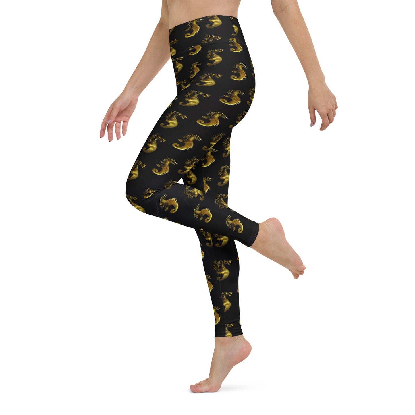 Gold & Black Seahorse Printed Yoga Leggings For Women